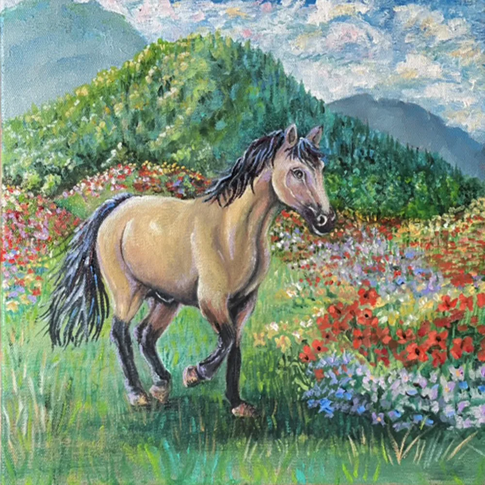 Wild Horse, Wild Flowers: A Harmony of Serenity and Freedom